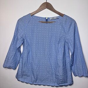 Vineyard Vines Cotton Boatneck Scallop Hem Blue & White Polka Dot Blouse Size 2